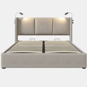 Cama contentora em pele sintética de 140x200 cm - com luzes de leitura e portas de carregamento USB - com estrado de molas - Bege