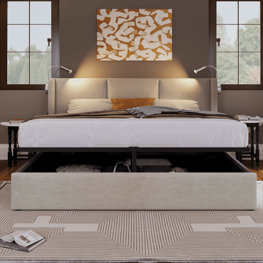 Cama contentora em pele sintética de 140x200 cm - com luzes de leitura e portas de carregamento USB - com estrado de molas - Bege Cama contentora em pele sintética de 140x200 cm - com luzes de leitura e portas de carregamento USB - com estrado de molas - Bege