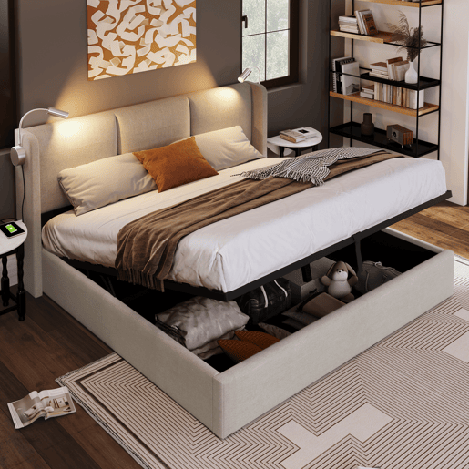Cama contentora em pele sintética de 140x200 cm - com luzes de leitura e portas de carregamento USB - com estrado de molas - Bege Cama contentora em pele sintética de 140x200 cm - com luzes de leitura e portas de carregamento USB - com estrado de molas - Bege