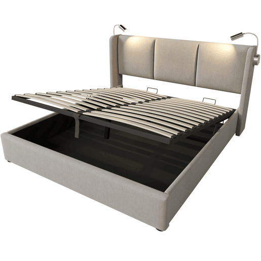 Cama contentora em pele sintética de 140x200 cm - com luzes de leitura e portas de carregamento USB - com estrado de molas - Bege Cama contentora em pele sintética de 140x200 cm - com luzes de leitura e portas de carregamento USB - com estrado de molas - Bege