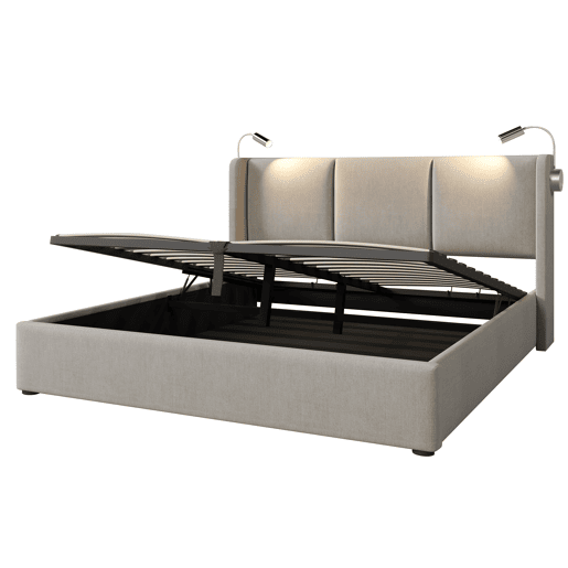 Cama contentora em pele sintética de 140x200 cm - com luzes de leitura e portas de carregamento USB - com estrado de molas - Bege Cama contentora em pele sintética de 140x200 cm - com luzes de leitura e portas de carregamento USB - com estrado de molas - Bege