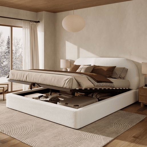 Cama de casal estofada 160 x 200 cm - cama hidráulica funcional com base de colchão, cabeceira acolchoada e amplo espaço de arrumação - bege bouclé Cama de casal estofada 160 x 200 cm - cama hidráulica funcional com base de colchão, cabeceira acolchoada e amplo espaço de arrumação - bege bouclé