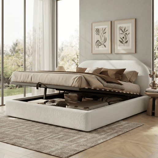 Cama de casal estofada 160 x 200 cm - cama hidráulica funcional com base de colchão, cabeceira acolchoada e amplo espaço de arrumação - bege bouclé Cama de casal estofada 160 x 200 cm - cama hidráulica funcional com base de colchão, cabeceira acolchoada e amplo espaço de arrumação - bege bouclé
