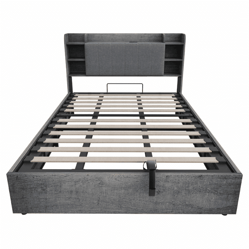 Cama de madeira 180x200 cm - cama hidráulica com espaço de arrumação na cabeceira, porta USB e tomada tipo C, cama de casal sem colchão - cinzenta