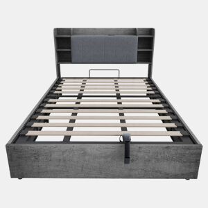Cama de madeira 180x200 cm - cama hidráulica com espaço de arrumação na cabeceira, porta USB e tomada tipo C, cama de casal sem colchão - cinzenta