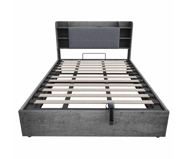 Cama de madera 180x200 cm - cama hidráulica con almacenamiento en cabecero, puerto usb y enchufe tipo c, cama doble sin colchón - gris