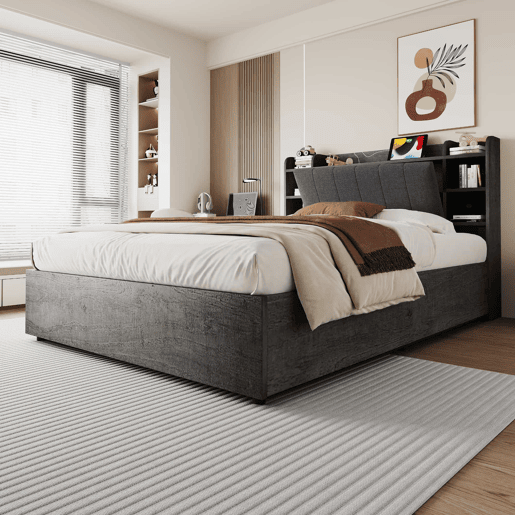Cama de madeira 180x200 cm - cama hidráulica com espaço de arrumação na cabeceira, porta USB e tomada tipo C, cama de casal sem colchão - cinzenta