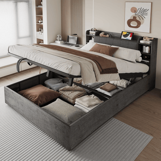 Cama de madeira 180x200 cm - cama hidráulica com espaço de arrumação na cabeceira, porta USB e tomada tipo C, cama de casal sem colchão - cinzenta