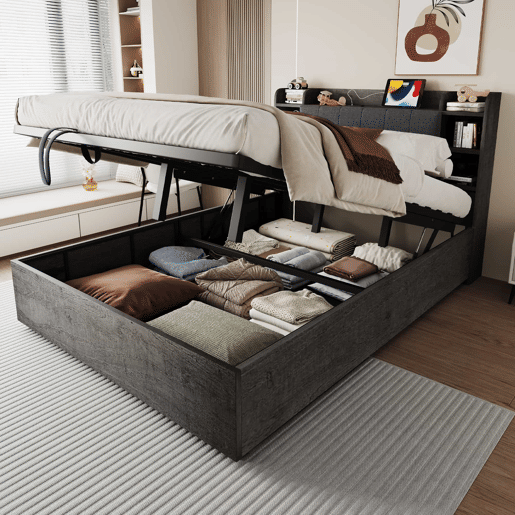 Cama de madeira 180x200 cm - cama hidráulica com espaço de arrumação na cabeceira, porta USB e tomada tipo C, cama de casal sem colchão - cinzenta