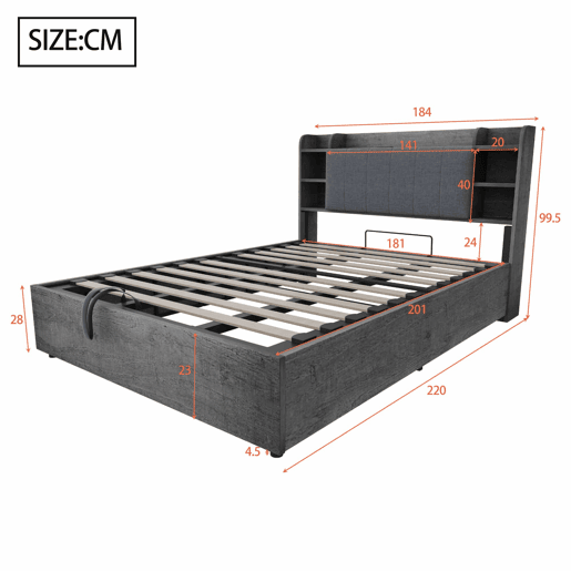 Cama de madeira 180x200 cm - cama hidráulica com espaço de arrumação na cabeceira, porta USB e tomada tipo C, cama de casal sem colchão - cinzenta