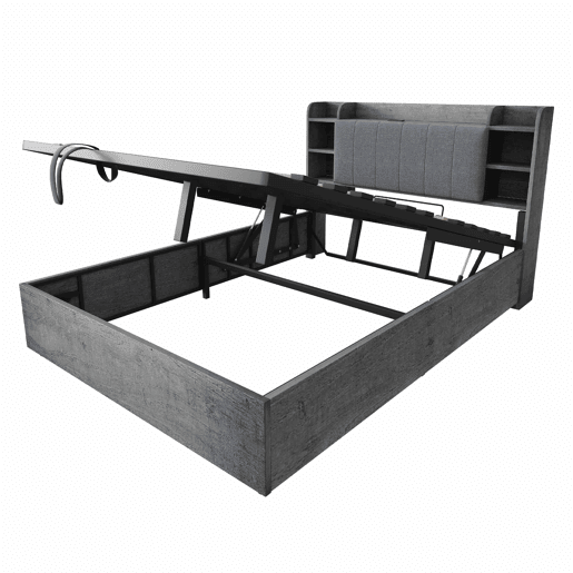 Cama de madeira 180x200 cm - cama hidráulica com espaço de arrumação na cabeceira, porta USB e tomada tipo C, cama de casal sem colchão - cinzenta