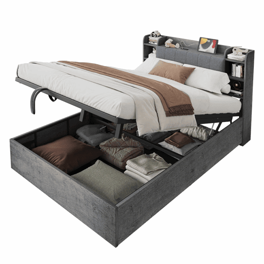 Cama de madeira 180x200 cm - cama hidráulica com espaço de arrumação na cabeceira, porta USB e tomada tipo C, cama de casal sem colchão - cinzenta