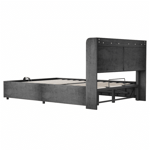 Cama de madeira 180x200 cm - cama hidráulica com espaço de arrumação na cabeceira, porta USB e tomada tipo C, cama de casal sem colchão - cinzenta