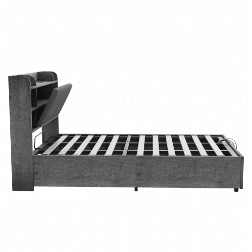 Cama de madeira 180x200 cm - cama hidráulica com espaço de arrumação na cabeceira, porta USB e tomada tipo C, cama de casal sem colchão - cinzenta