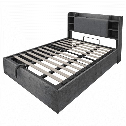 Cama de madeira 180x200 cm - cama hidráulica com espaço de arrumação na cabeceira, porta USB e tomada tipo C, cama de casal sem colchão - cinzenta