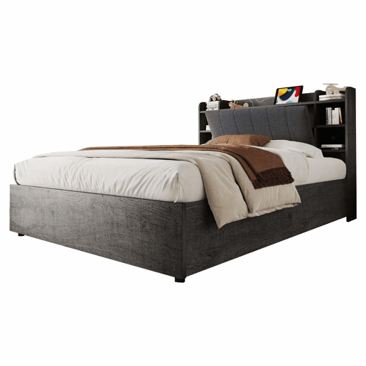 Cama de madeira 180x200 cm - cama hidráulica com espaço de arrumação na cabeceira, porta USB e tomada tipo C, cama de casal sem colchão - cinzenta