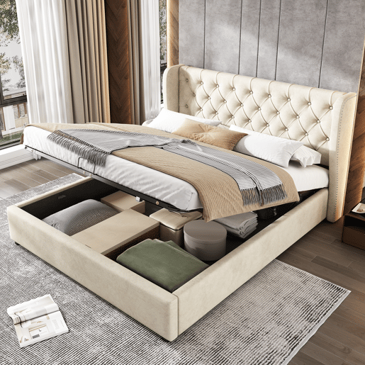 Cama de contentor estofada em veludo 140x200 cm com estrado de ripas - Bege Cama de contentor estofada em veludo 140x200 cm com estrado de ripas - Bege