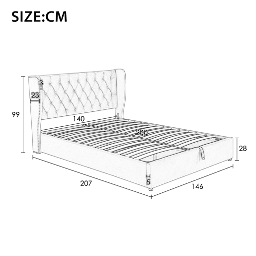 Cama de contentor estofada em veludo 140x200 cm com estrado de ripas - Bege Cama de contentor estofada em veludo 140x200 cm com estrado de ripas - Bege