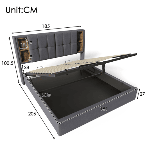 Cama acolchoada com arrumação 180x200 cm - com cabeceira para arrumação e carregamento sem fios - tecido de algodão - Cinzento
