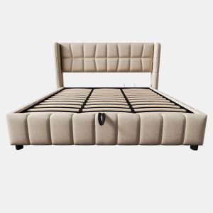 Cama estofada 180 x 200 cm - cama de casal com base de molas, encosto e sistema de arrumação hidráulico, estrutura em linho para adultos e adolescentes - bege
