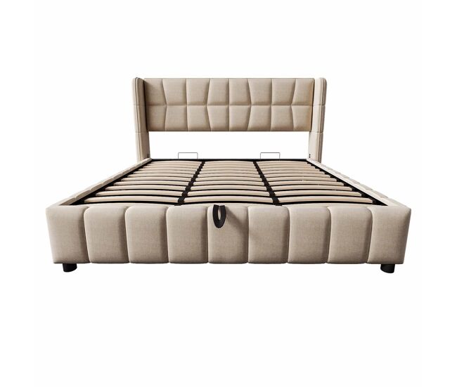 Cama tapizada 180 x 200 cm - cama doble con somier, respaldo y sistema de almacenamiento hidráulico, estructura de lino para adultos y adolescentes -