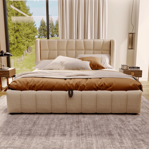 Cama estofada 180 x 200 cm - cama de casal com base de molas, encosto e sistema de arrumação hidráulico, estrutura em linho para adultos e adolescentes - bege Cama estofada 180 x 200 cm - cama de casal com base de molas, encosto e sistema de arrumação hidráulico, estrutura em linho para adultos e adolescentes - bege