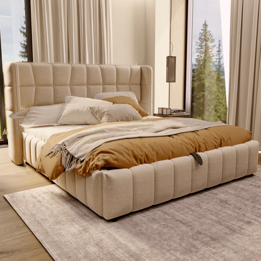 Cama estofada 180 x 200 cm - cama de casal com base de molas, encosto e sistema de arrumação hidráulico, estrutura em linho para adultos e adolescentes - bege Cama estofada 180 x 200 cm - cama de casal com base de molas, encosto e sistema de arrumação hidráulico, estrutura em linho para adultos e adolescentes - bege