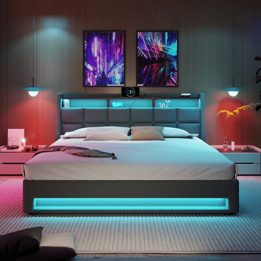 Cama para arrumação de roupa de cama 140x200 cm com LED e portas USB - estrado - cinzento Cama para arrumação de roupa de cama 140x200 cm com LED e portas USB - estrado - cinzento