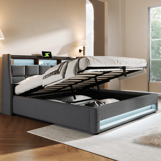 Cama para arrumação de roupa de cama 140x200 cm com LED e portas USB - estrado - cinzento Cama para arrumação de roupa de cama 140x200 cm com LED e portas USB - estrado - cinzento