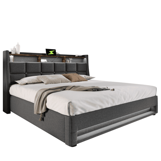 Cama para arrumação de roupa de cama 140x200 cm com LED e portas USB - estrado - cinzento Cama para arrumação de roupa de cama 140x200 cm com LED e portas USB - estrado - cinzento