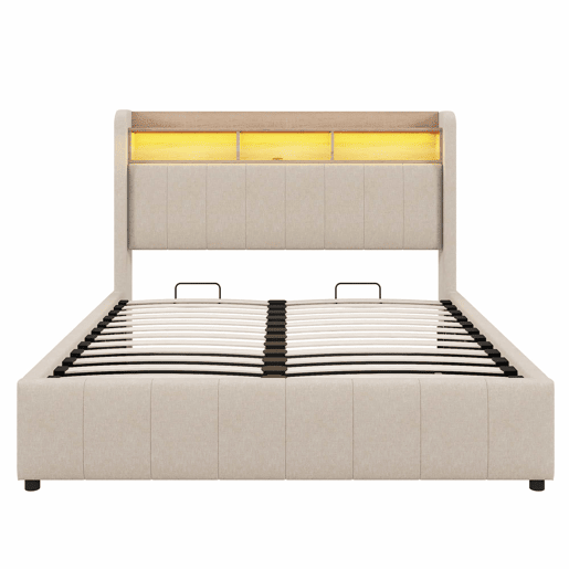 Cómoda estofada em linho 140x200 cm - com LED + tomadas - Bege Cómoda estofada em linho 140x200 cm - com LED + tomadas - Bege