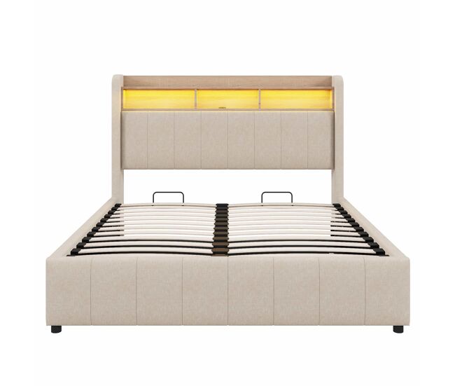 Cómoda cómoda acolchada de lino 140x200 cm - con led + enchufes - beige