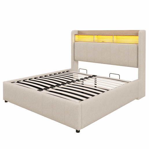 Cómoda estofada em linho 140x200 cm - com LED + tomadas - Bege Cómoda estofada em linho 140x200 cm - com LED + tomadas - Bege
