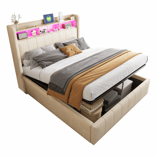 Cómoda estofada em linho 140x200 cm - com LED + tomadas - Bege Cómoda estofada em linho 140x200 cm - com LED + tomadas - Bege