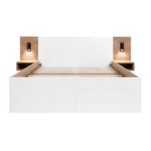 Cama de casal 140x200 cm em madeira - com 2 mesas de cabeceira e 2 gavetas - 2 luzes de leitura giratórias com tomada USB - Branco e Natural (colchão não incluído) Cama de casal 140x200 cm em madeira - com 2 mesas de cabeceira e 2 gavetas - 2 luzes de leitura giratórias com tomada USB - Branco e Natural (colchão não incluído)