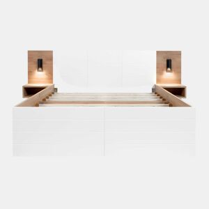 Cama de casal 140x200 cm em madeira - com 2 mesas de cabeceira e 2 gavetas - 2 luzes de leitura giratórias com tomada USB - Branco e Natural (colchão não incluído)