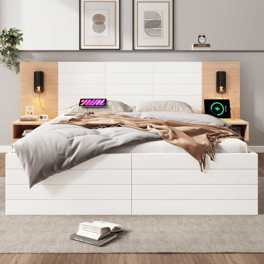 Cama de casal 140x200 cm em madeira - com 2 mesas de cabeceira e 2 gavetas - 2 luzes de leitura giratórias com tomada USB - Branco e Natural (colchão não incluído) Cama de casal 140x200 cm em madeira - com 2 mesas de cabeceira e 2 gavetas - 2 luzes de leitura giratórias com tomada USB - Branco e Natural (colchão não incluído)
