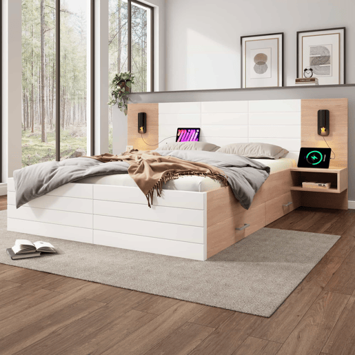 Cama de casal 140x200 cm em madeira - com 2 mesas de cabeceira e 2 gavetas - 2 luzes de leitura giratórias com tomada USB - Branco e Natural (colchão não incluído) Cama de casal 140x200 cm em madeira - com 2 mesas de cabeceira e 2 gavetas - 2 luzes de leitura giratórias com tomada USB - Branco e Natural (colchão não incluído)