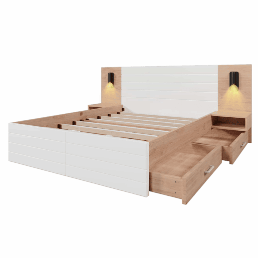Cama de casal 140x200 cm em madeira - com 2 mesas de cabeceira e 2 gavetas - 2 luzes de leitura giratórias com tomada USB - Branco e Natural (colchão não incluído) Cama de casal 140x200 cm em madeira - com 2 mesas de cabeceira e 2 gavetas - 2 luzes de leitura giratórias com tomada USB - Branco e Natural (colchão não incluído)