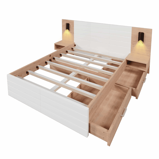 Cama de casal 140x200 cm em madeira - com 2 mesas de cabeceira e 2 gavetas - 2 luzes de leitura giratórias com tomada USB - Branco e Natural (colchão não incluído) Cama de casal 140x200 cm em madeira - com 2 mesas de cabeceira e 2 gavetas - 2 luzes de leitura giratórias com tomada USB - Branco e Natural (colchão não incluído)