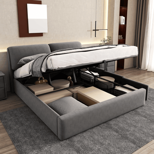 Cama estofada 180x200 cm - hidráulica em veludo com 3 gavetas, base de lâminas, cabeceira, espaço de arrumação, sem colchão - cinzenta