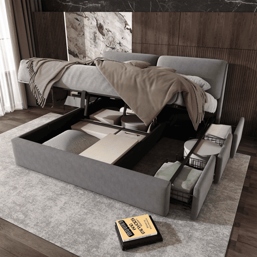 Cama estofada 180x200 cm - hidráulica em veludo com 3 gavetas, base de lâminas, cabeceira, espaço de arrumação, sem colchão - cinzenta