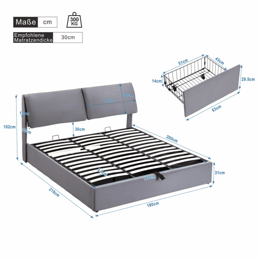 Cama estofada 180x200 cm - hidráulica em veludo com 3 gavetas, base de lâminas, cabeceira, espaço de arrumação, sem colchão - cinzenta