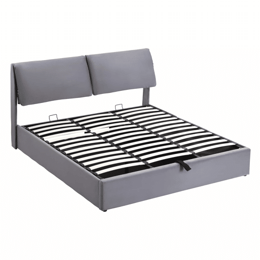Cama estofada 180x200 cm - hidráulica em veludo com 3 gavetas, base de lâminas, cabeceira, espaço de arrumação, sem colchão - cinzenta