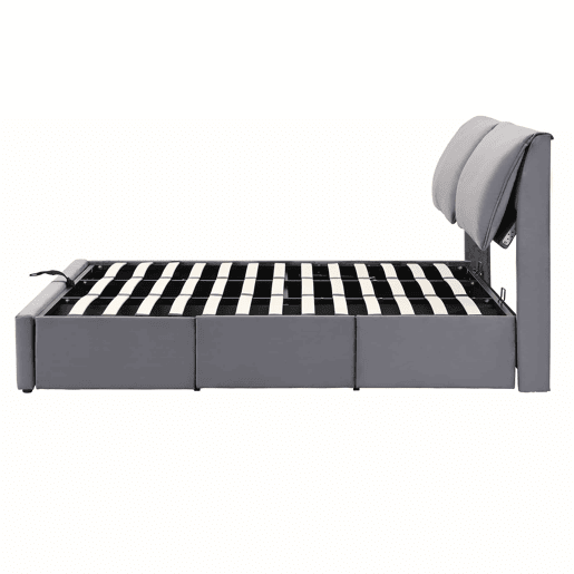 Cama estofada 180x200 cm - hidráulica em veludo com 3 gavetas, base de lâminas, cabeceira, espaço de arrumação, sem colchão - cinzenta