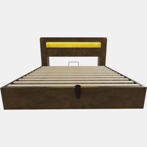 Cama de plataforma 180x200 - com arrumação, sistema hidráulico, cabeceira com LED e tomadas integradas - madeira vintage