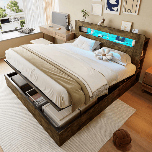 Cama de plataforma 180x200 - com arrumação, sistema hidráulico, cabeceira com LED e tomadas integradas - madeira vintage Cama de plataforma 180x200 - com arrumação, sistema hidráulico, cabeceira com LED e tomadas integradas - madeira vintage