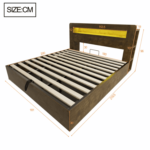 Cama de plataforma 180x200 - com arrumação, sistema hidráulico, cabeceira com LED e tomadas integradas - madeira vintage Cama de plataforma 180x200 - com arrumação, sistema hidráulico, cabeceira com LED e tomadas integradas - madeira vintage