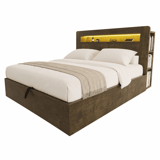 Cama de plataforma 180x200 - com arrumação, sistema hidráulico, cabeceira com LED e tomadas integradas - madeira vintage Cama de plataforma 180x200 - com arrumação, sistema hidráulico, cabeceira com LED e tomadas integradas - madeira vintage