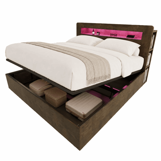 Cama de plataforma 180x200 - com arrumação, sistema hidráulico, cabeceira com LED e tomadas integradas - madeira vintage Cama de plataforma 180x200 - com arrumação, sistema hidráulico, cabeceira com LED e tomadas integradas - madeira vintage